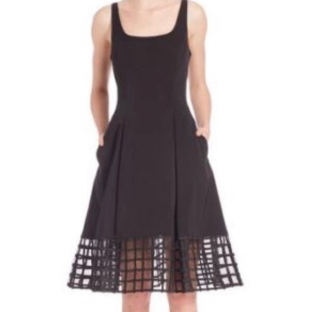 AIDAN MATTOX BLACK SLEEVELESS WINDOWPANE MESH HEM COCKTAIL DRESS WOMENS SZ 10
